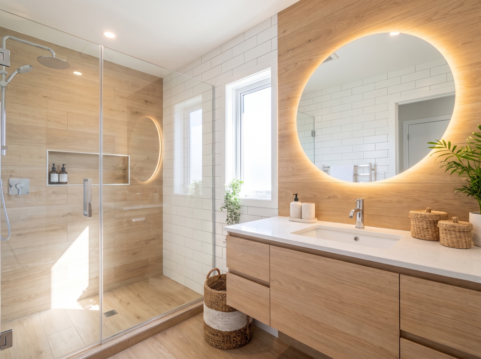 Neu gestaltetes Badezimmer mit hellen Fliesen und moderner Sanitärtechnik